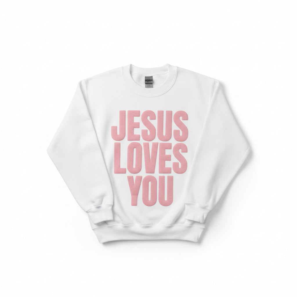 Jesus Loves Me YOUTH Sweatshirt Pink on White